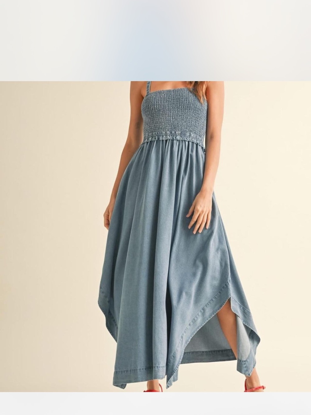 Smocked Strap Denim-Blue Maxi Dress